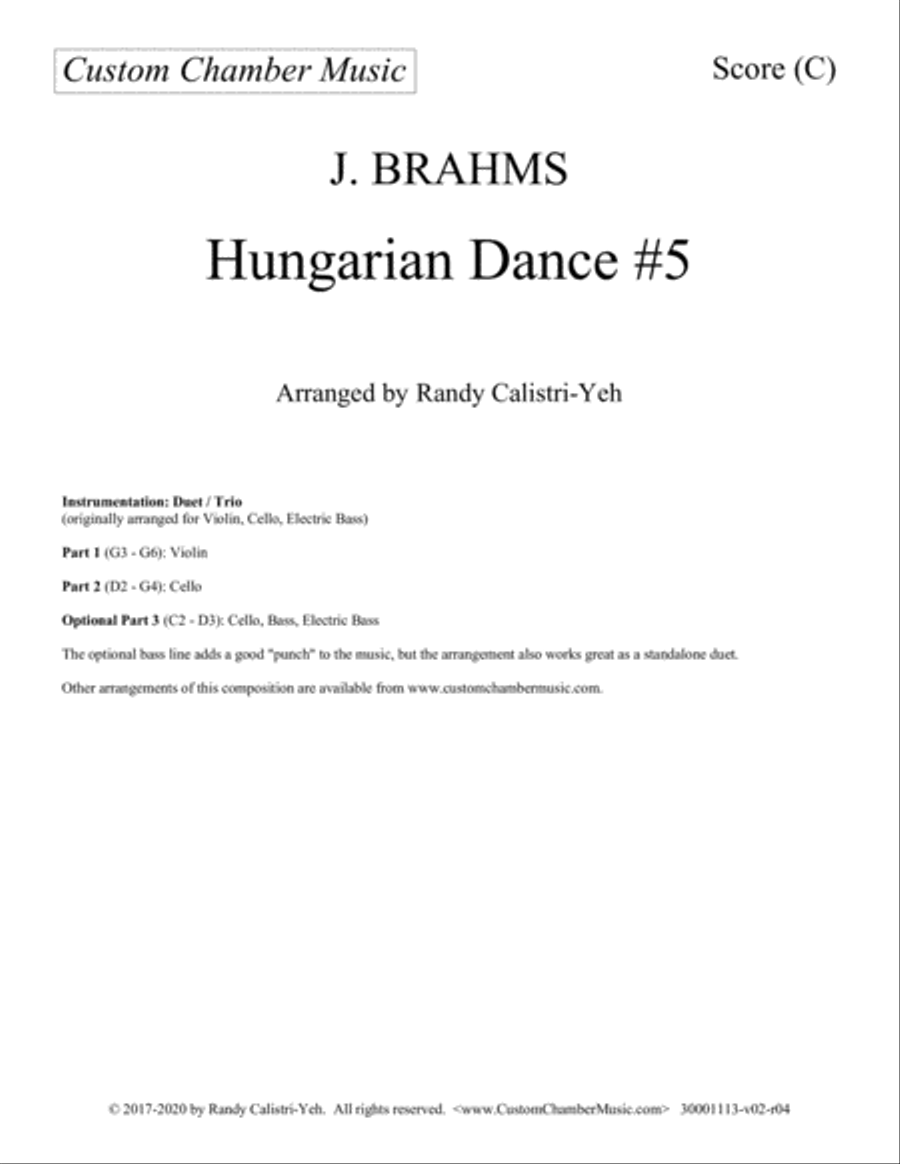 Brahms Hungarian Dance #5 (string duo/trio) String Trio scores gallery preview page 1