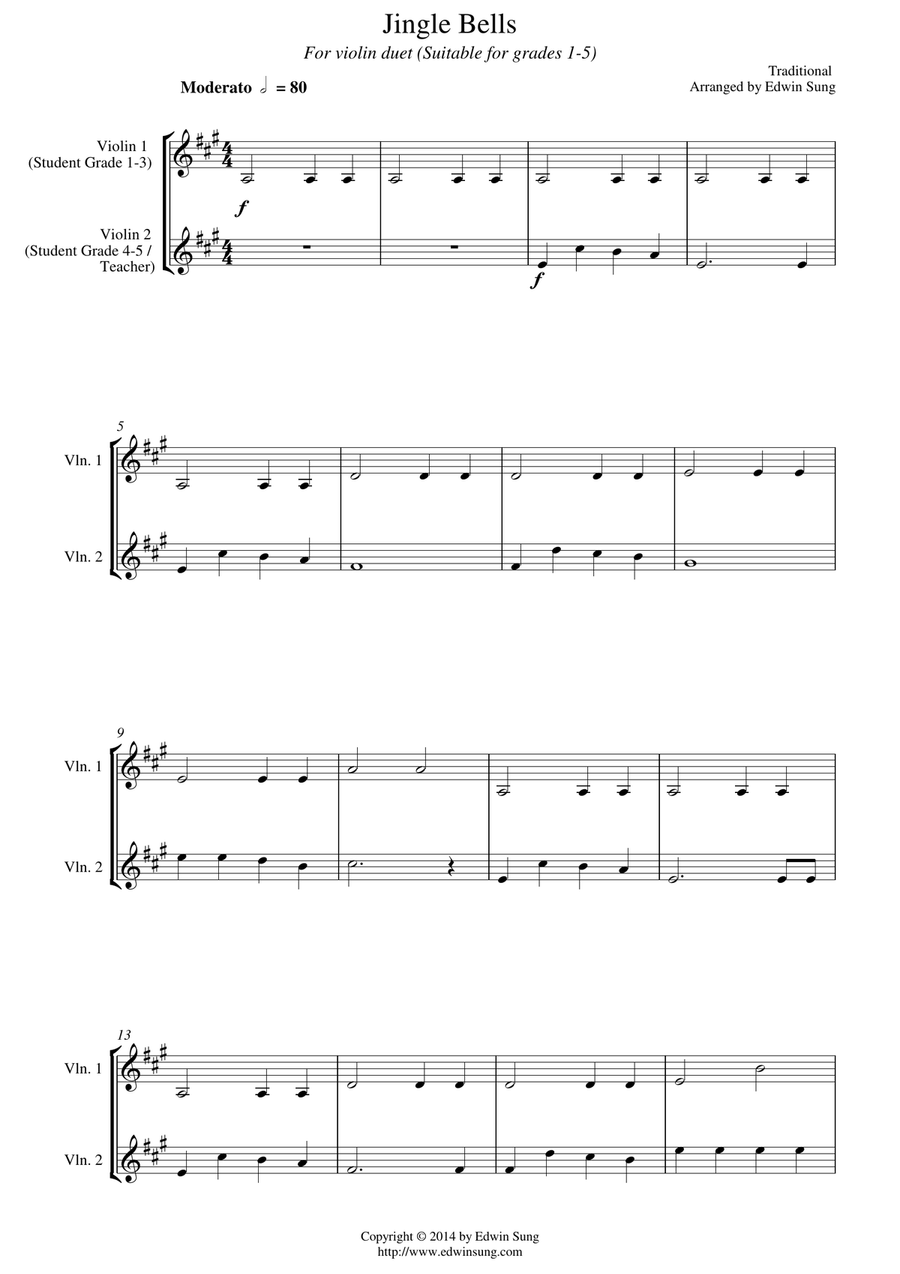 Jingle Bells (for violin duet, suitable for grades 1-5) String Duet scores gallery preview page 1