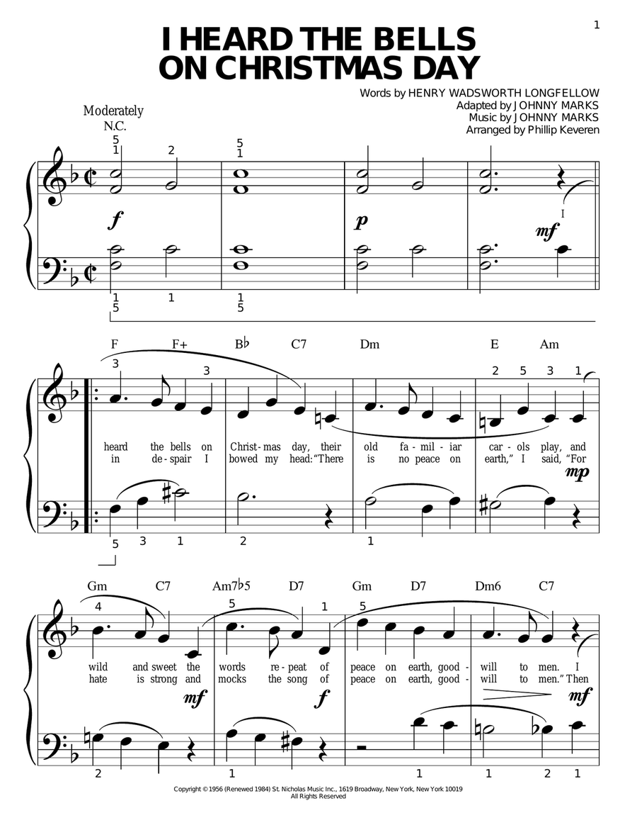 I Heard The Bells On Christmas Day (arr. Phillip Keveren) Easy Piano scores gallery preview page 1