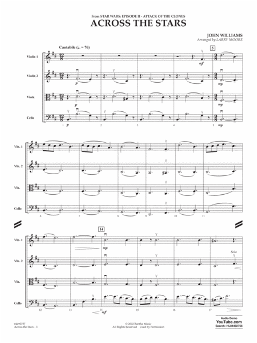 Across The Stars (from Star Wars: Attack of the Clones) (arr. Moore) - Conductor Score (Full Score) String Quartet scores gallery preview page 3