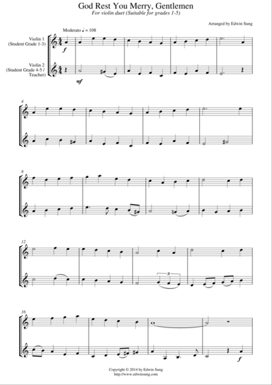 God Rest You Merry, Gentlemen (for violin duet, suitable for grades 1-5) String Duet scores gallery preview page 1