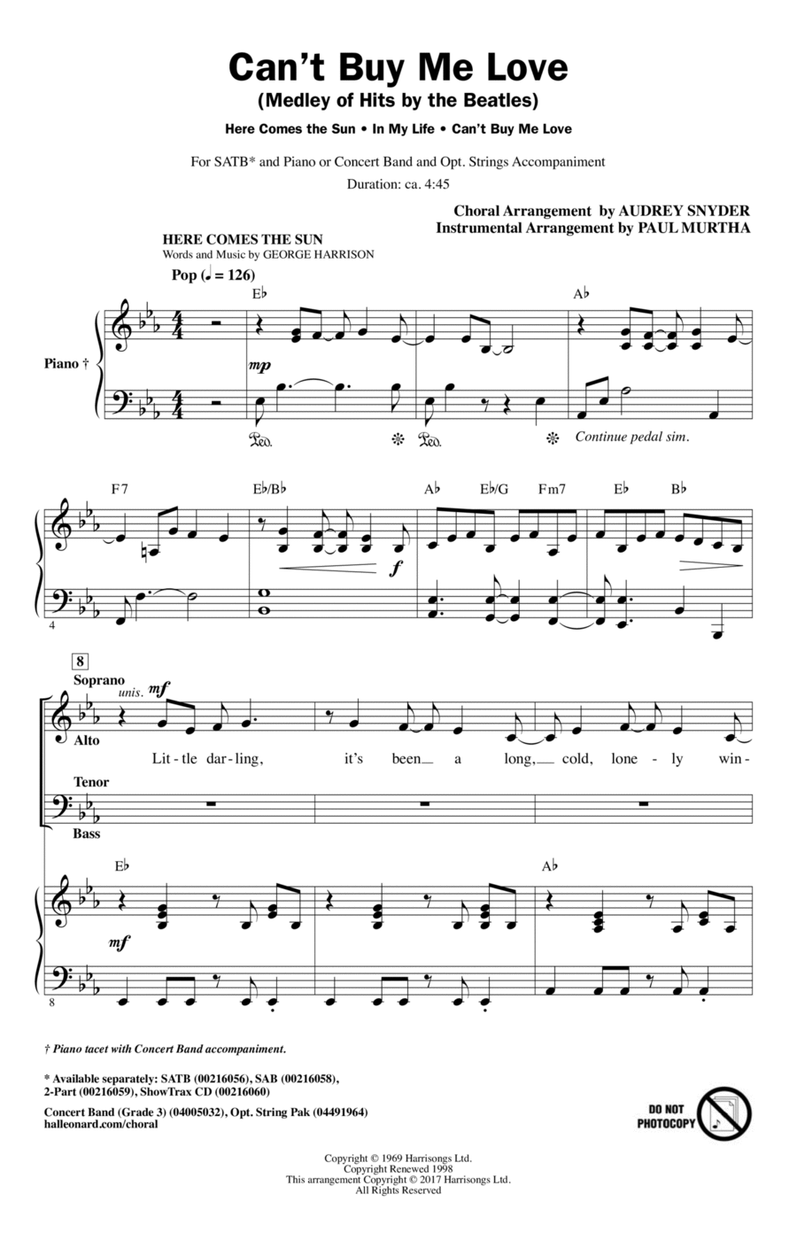 Can't Buy Me Love (Medley of Hits by The Beatles) (arr. Audrey Snyder) 4-Part scores gallery preview page 1