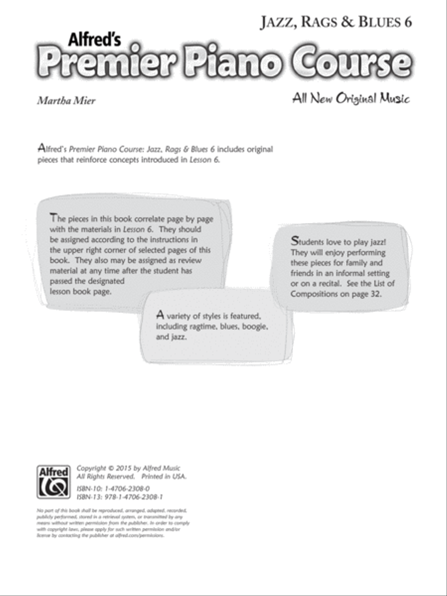 Premier Piano Course, Jazz, Rags & Blues 6 Piano Method scores gallery preview page 1
