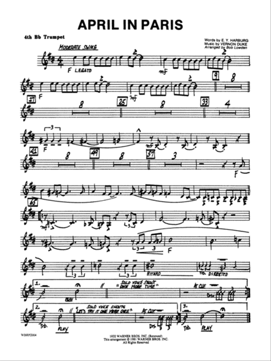 April in Paris: 4th B-flat Trumpet Jazz Ensemble scores gallery preview page 1