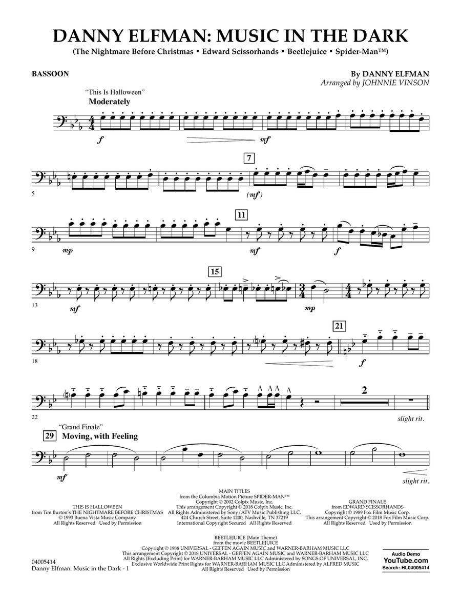 Danny Elfman: Music in the Dark - Bassoon Concert Band scores gallery preview page 1