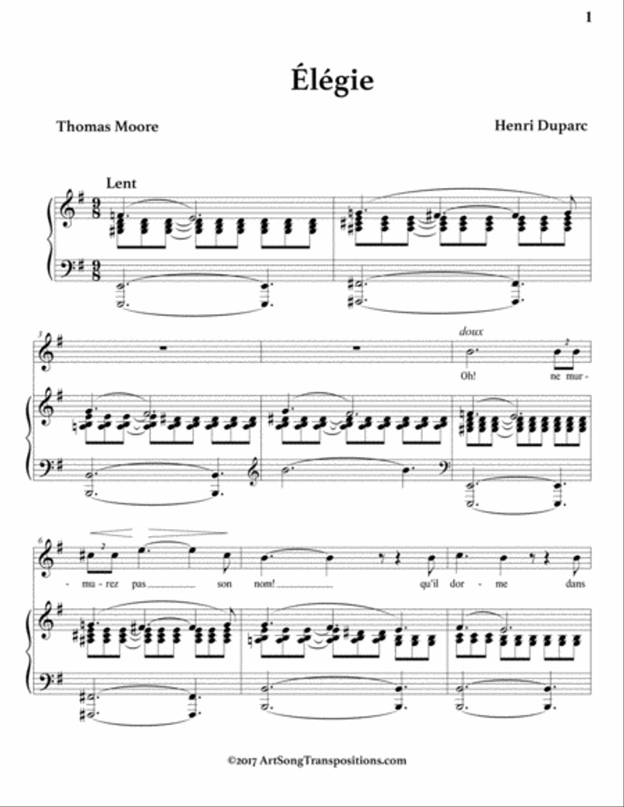 DUPARC: Élégie (transposed to E minor) Voice scores gallery preview page 2