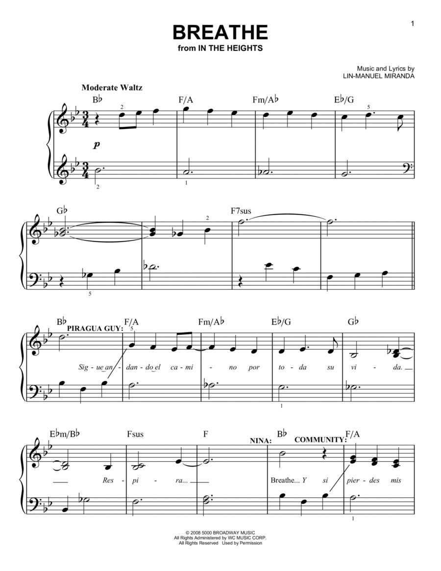 Breathe (from In The Heights: The Musical) Easy Piano scores gallery preview page 1