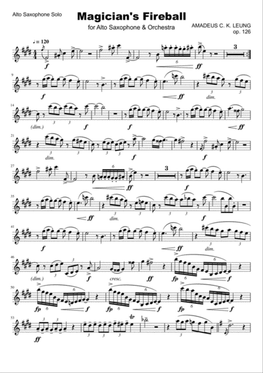 Magician's Fireball for alto saxophone & orchestra (Saxophone Solo Part Score) Alto Saxophone scores gallery preview page 1