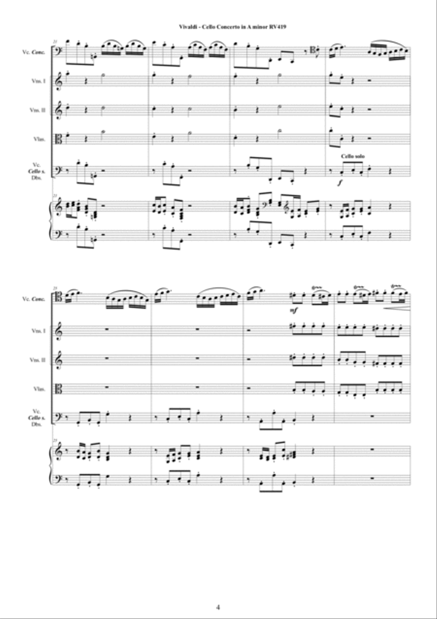 Vivaldi - Cello Concerto in A minor RV419 for Cello, Strings and Cembalo Chamber Orchestra scores gallery preview page 4