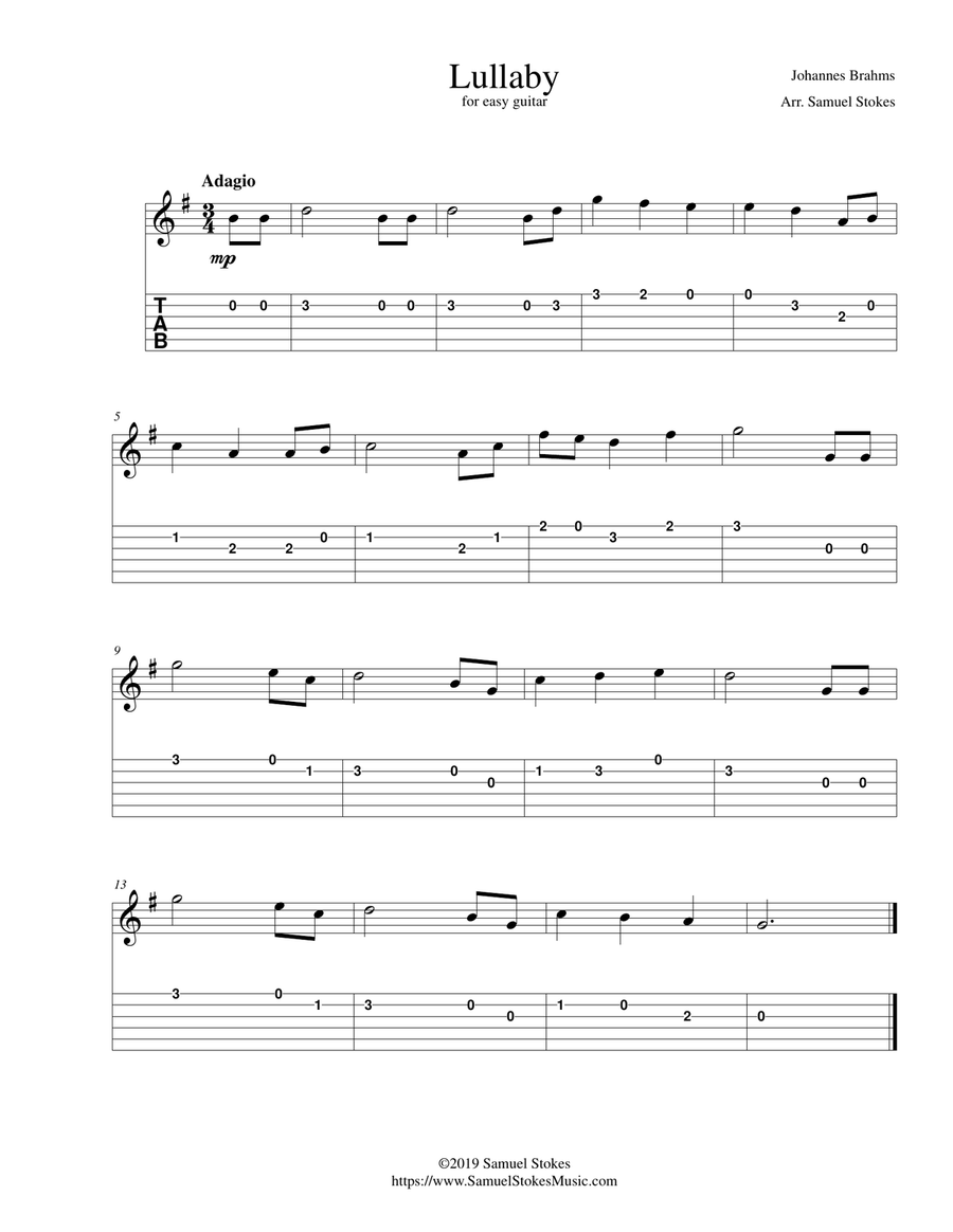 Brahms' Lullaby - for easy guitar with TAB Classical Guitar scores gallery preview page 1