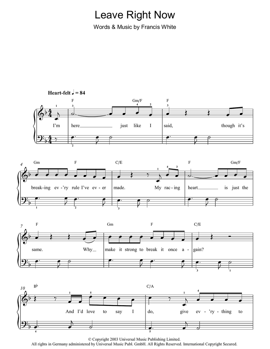 Leave Right Now Easy Piano scores gallery preview page 1