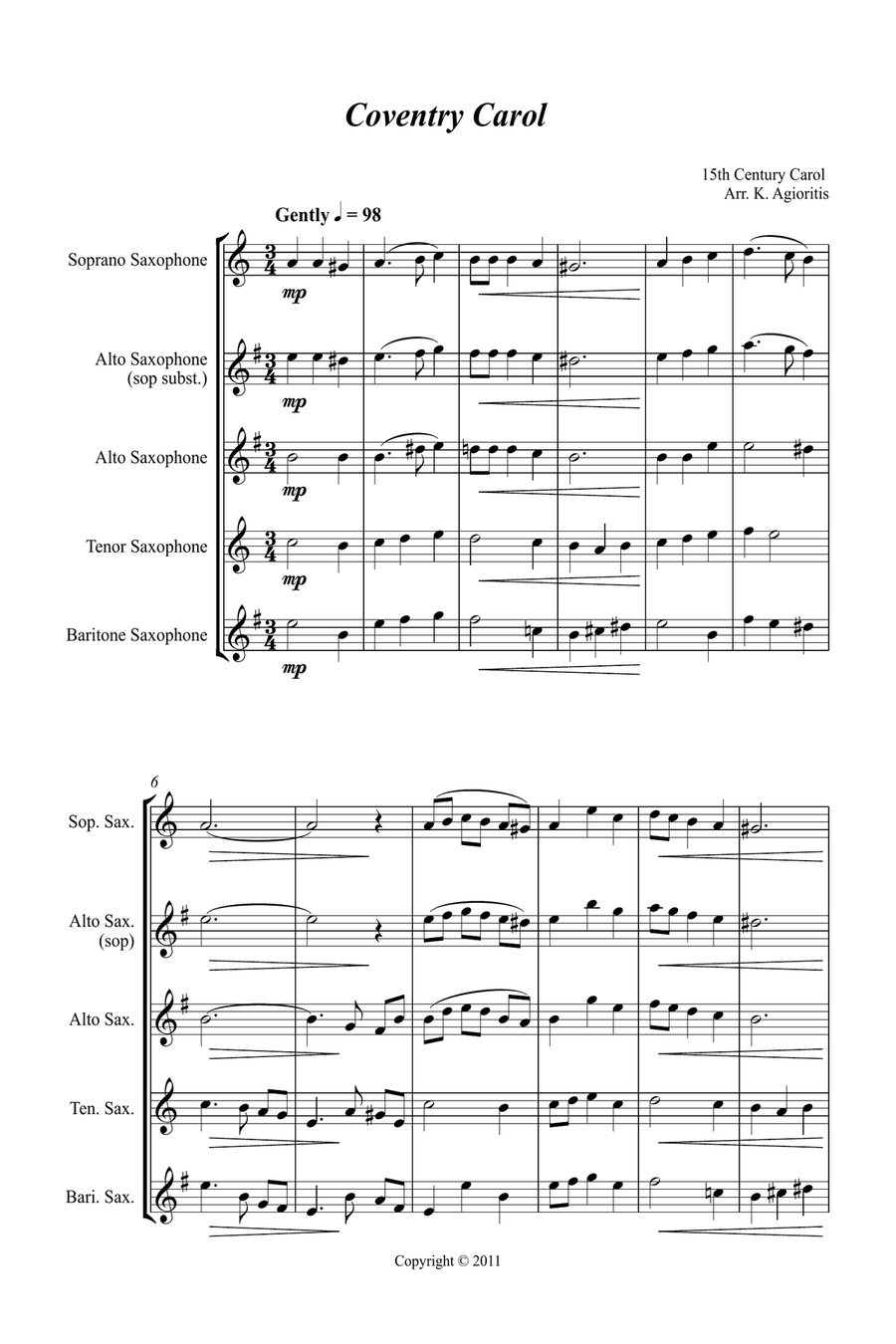 Jazz Carols Collection #6 - Saxophone Quartet (Coventry Carol; What Child Is This?, Silent Night) Saxophone Quartet scores gallery preview page 2