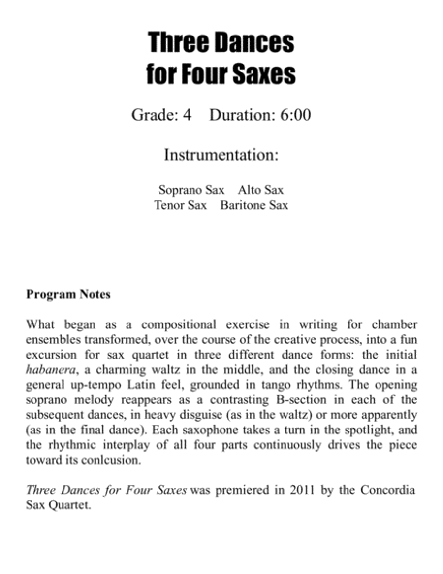Three Dances for Four Saxes Saxophone Quartet scores gallery preview page 2