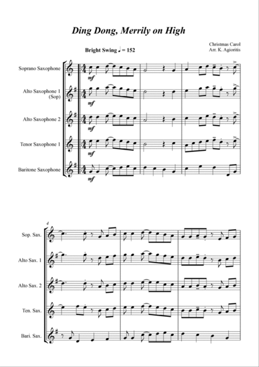 Ding Dong Merrily on High - Jazz Carol for Saxophone Quartet Saxophone Quartet scores gallery preview page 4