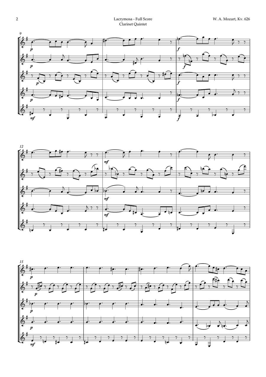 Queen of the Night Aria by Mozart for Clarinet Quintet Clarinet Quintet scores gallery preview page 2