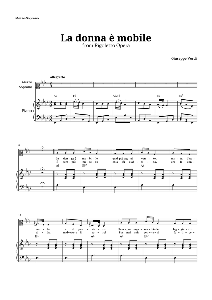 La donna è mobile in A-flat major for Mezzo Soprano and Piano Piano, Vocal scores gallery preview page 1