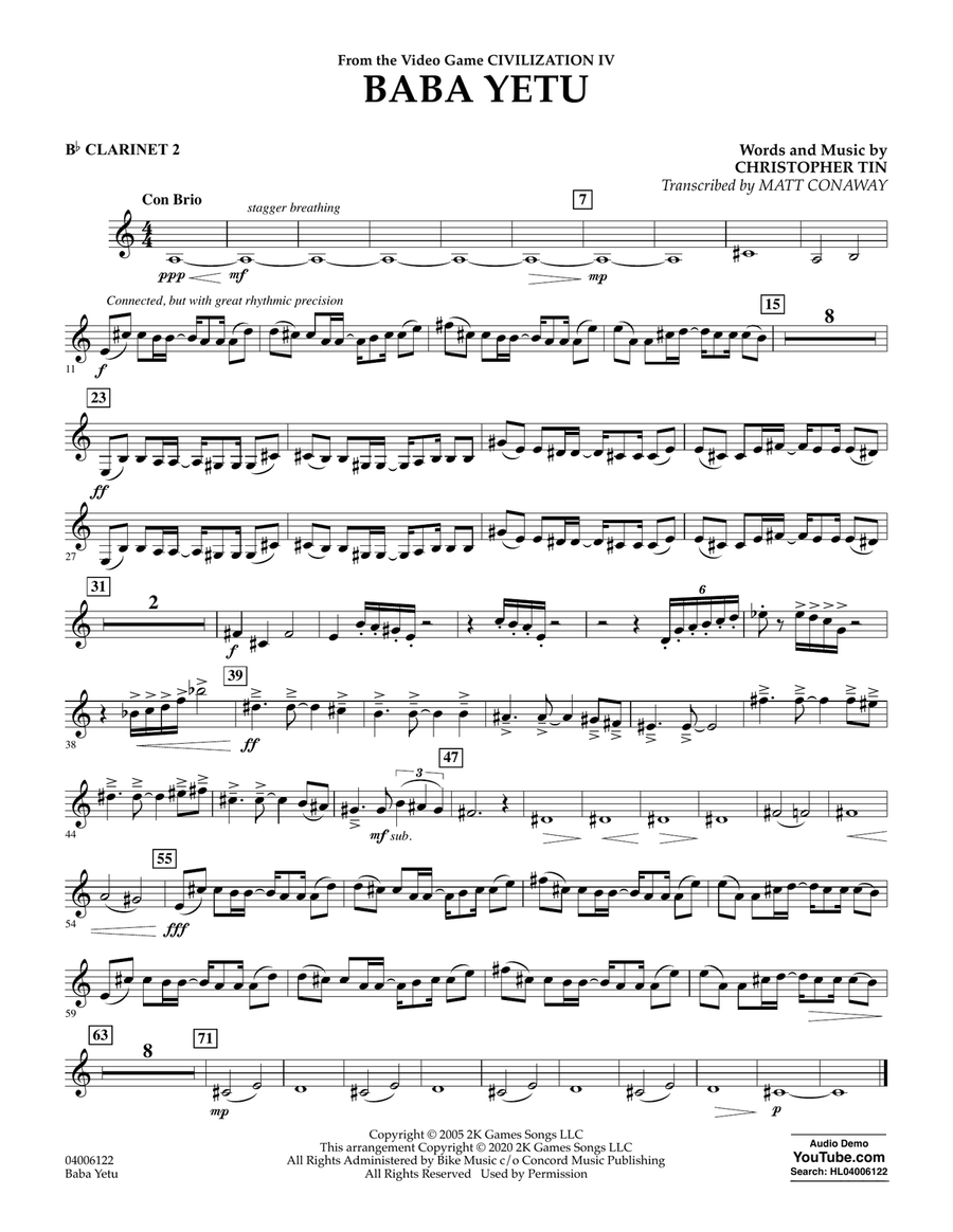 Baba Yetu (from Civilization IV) (trans. Matt Conaway) - Bb Clarinet 2