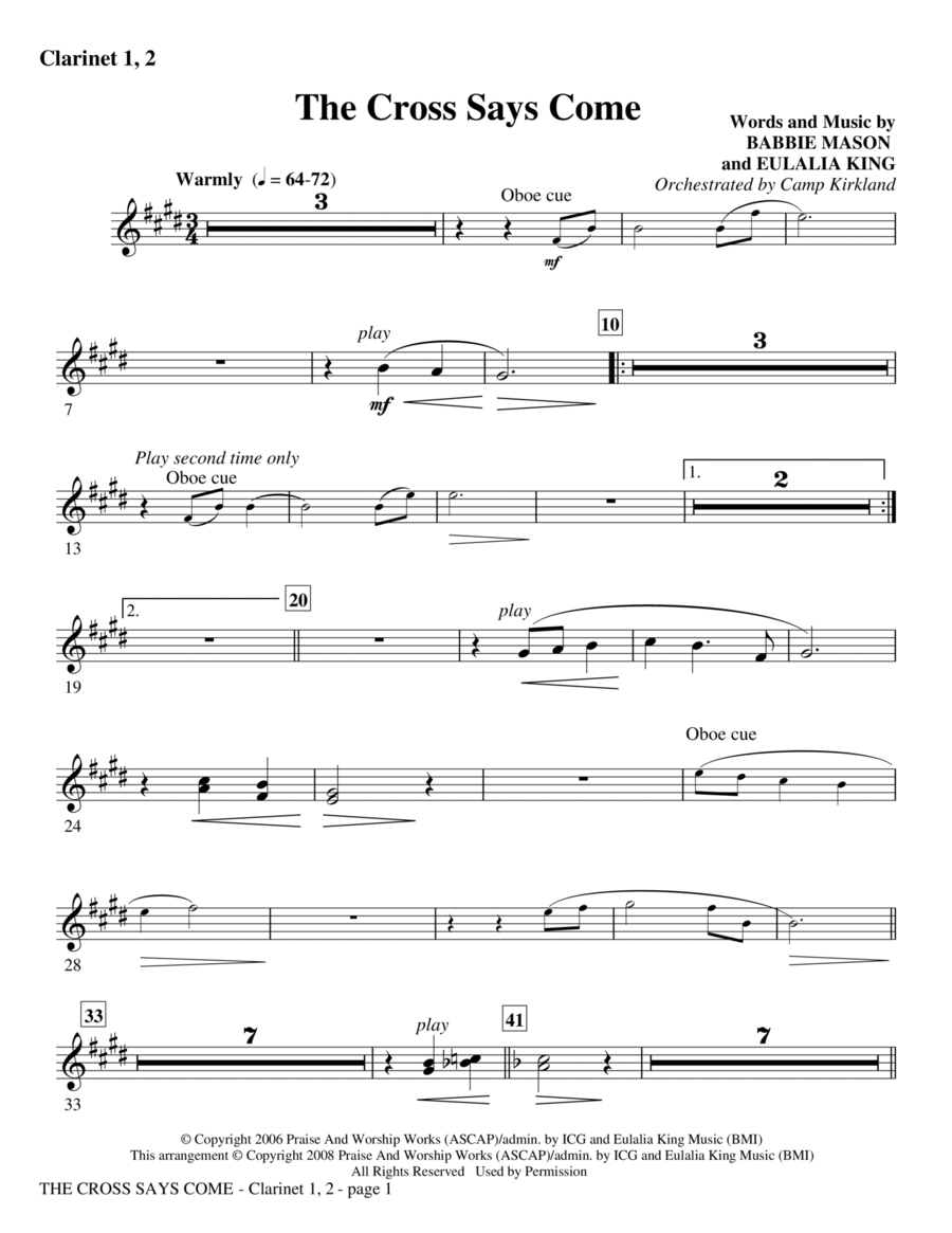 The Cross Says Come - Bb Clarinet 1,2 Choir scores gallery preview page 1