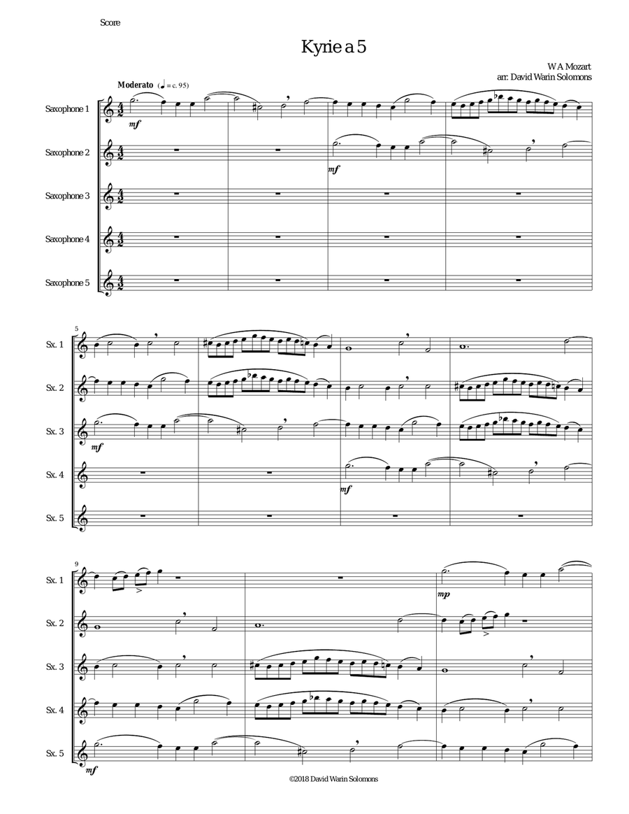 Mozart Kyrie canon a 5 arranged for 5 equal saxophones Woodwind Quartet scores gallery preview page 1