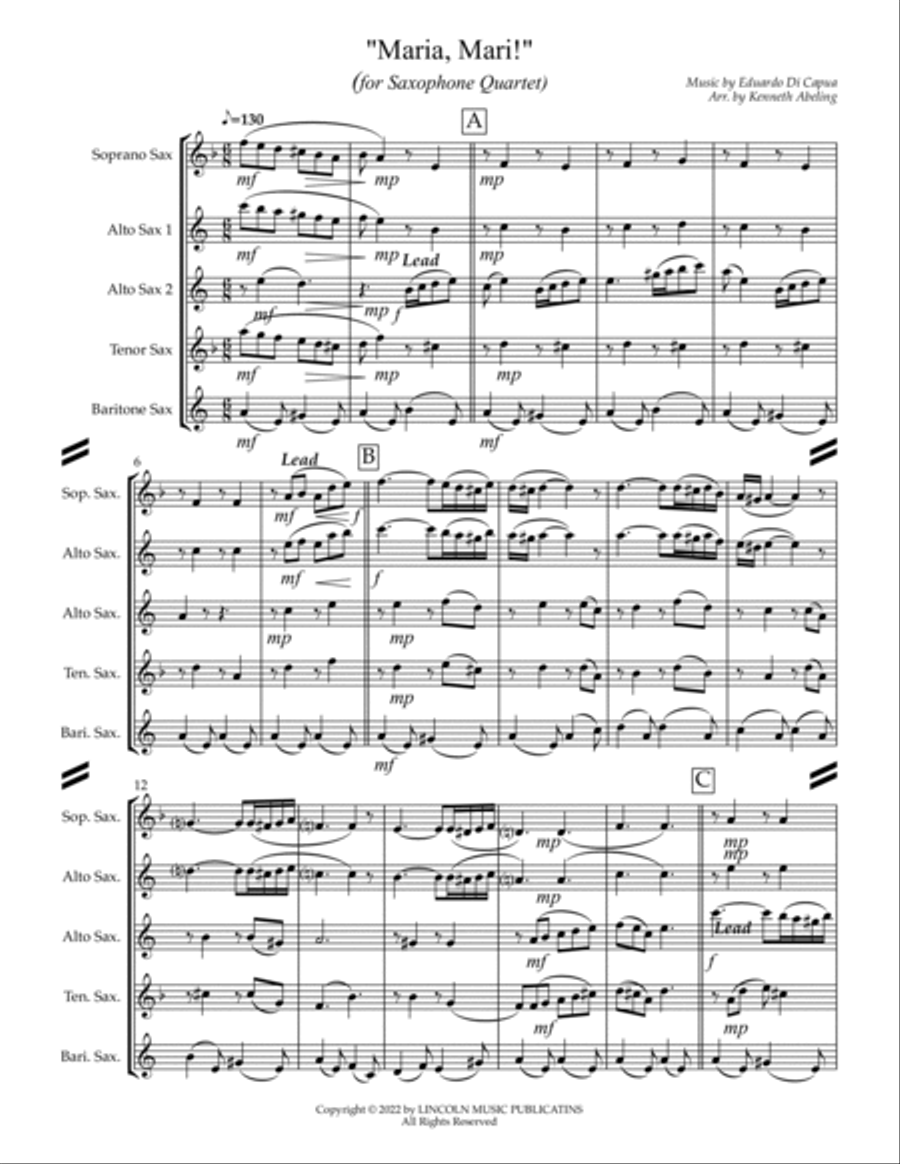 Maria, Mari! (Oh Marie) for Saxophone Quartet SATB or AATB) Saxophone Quartet scores gallery preview page 2