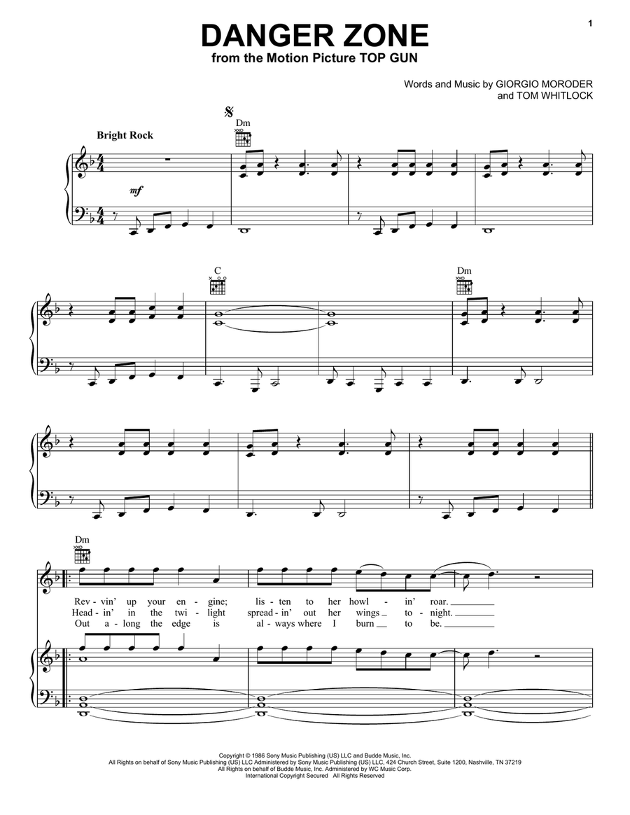 Danger Zone Piano, Vocal, Guitar scores gallery preview page 1