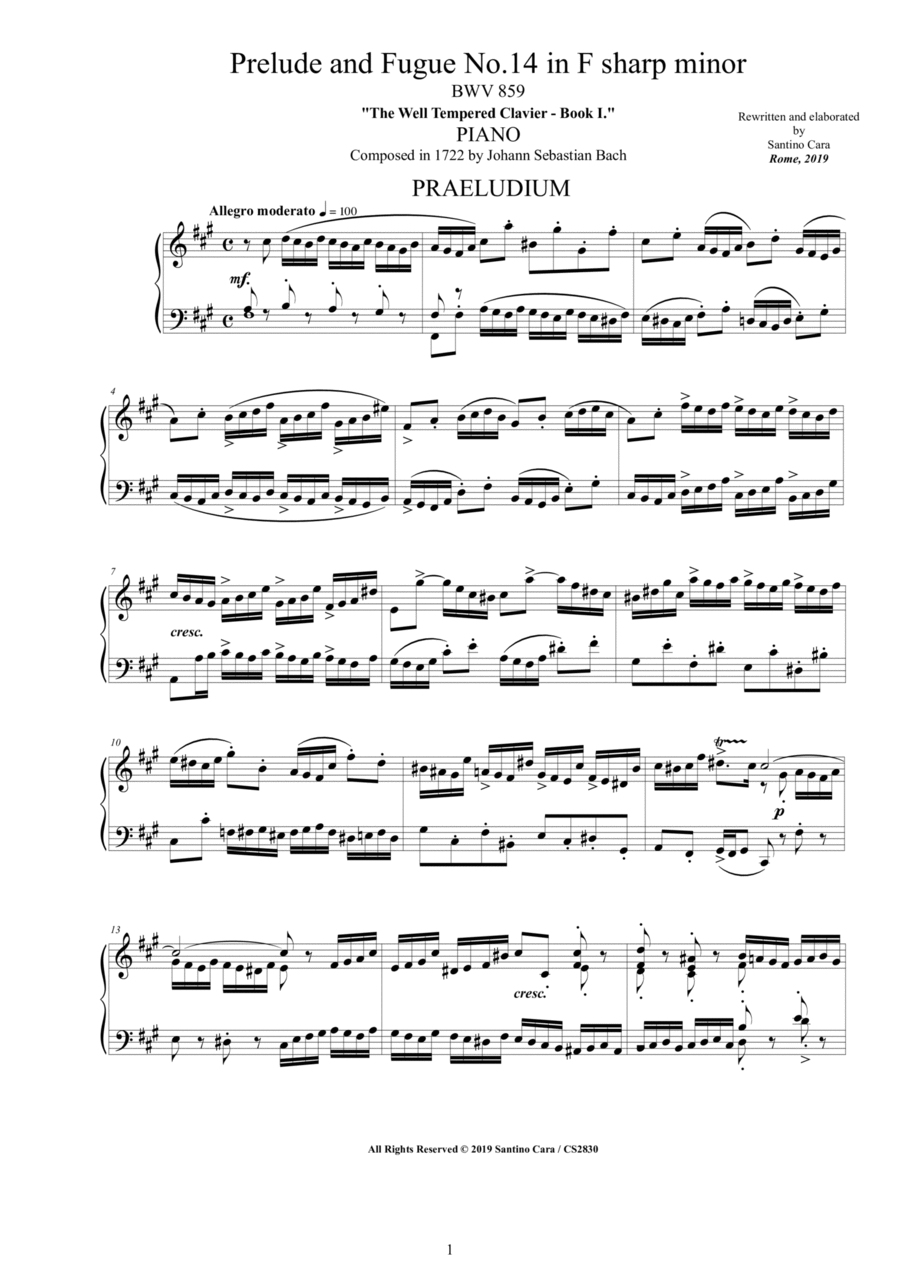 Bach - Prelude and Fugue No.14 in F sharp minor BWV 859 for Piano Piano Solo scores gallery preview page 1