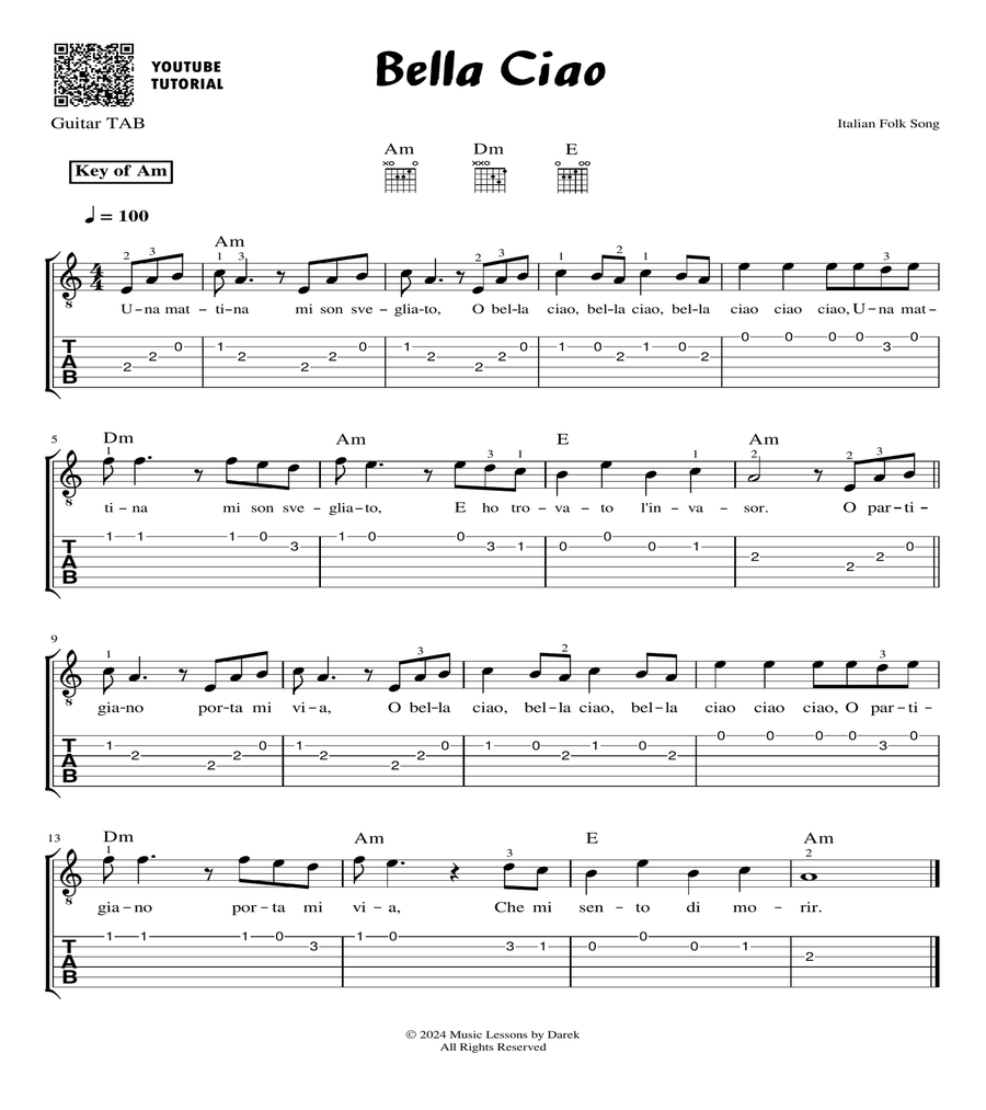 Bella Ciao - Italian Folk Song  [GUITAR TAB] Guitar Tablature scores gallery preview page 1