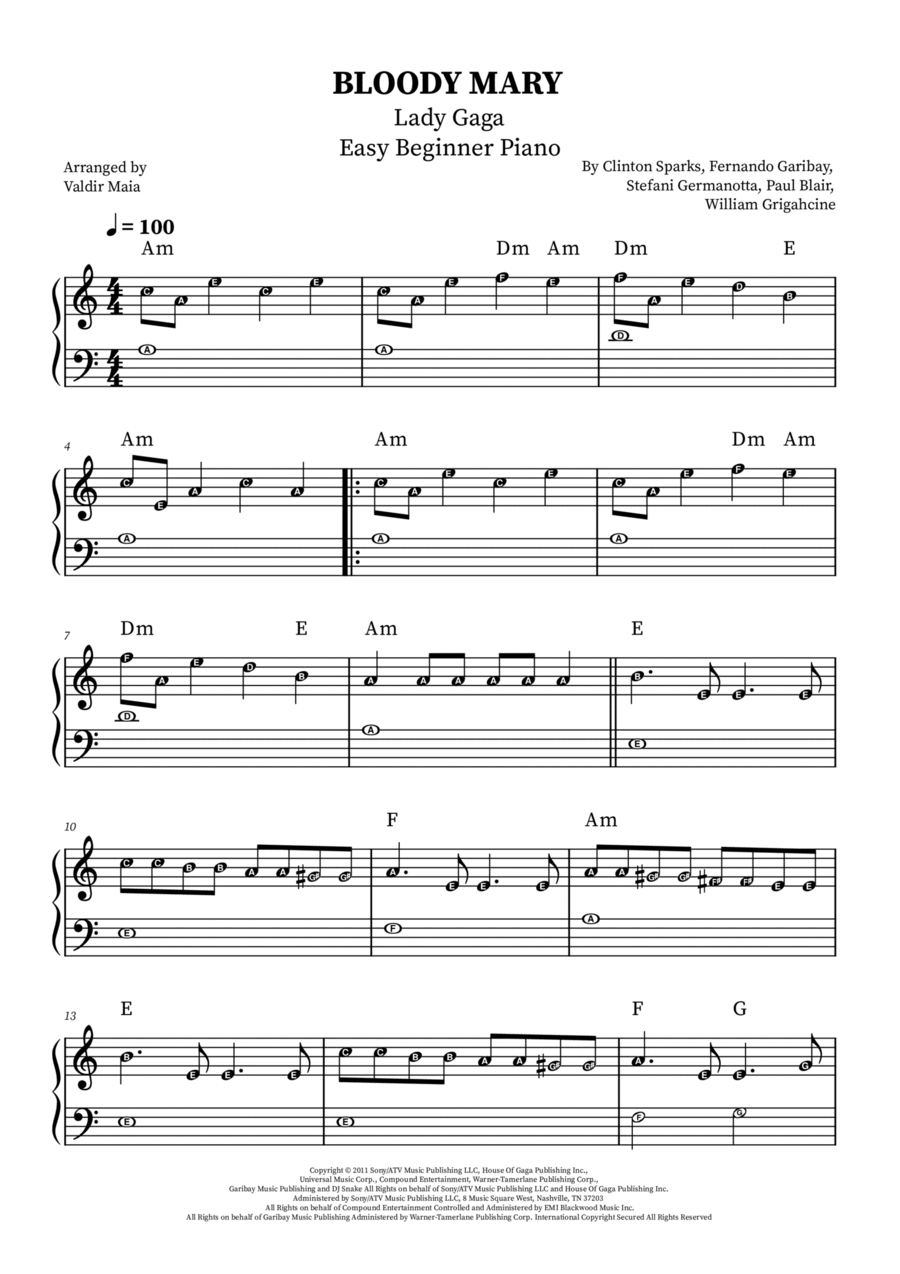 Bloody Mary Easy Piano scores gallery preview page 1