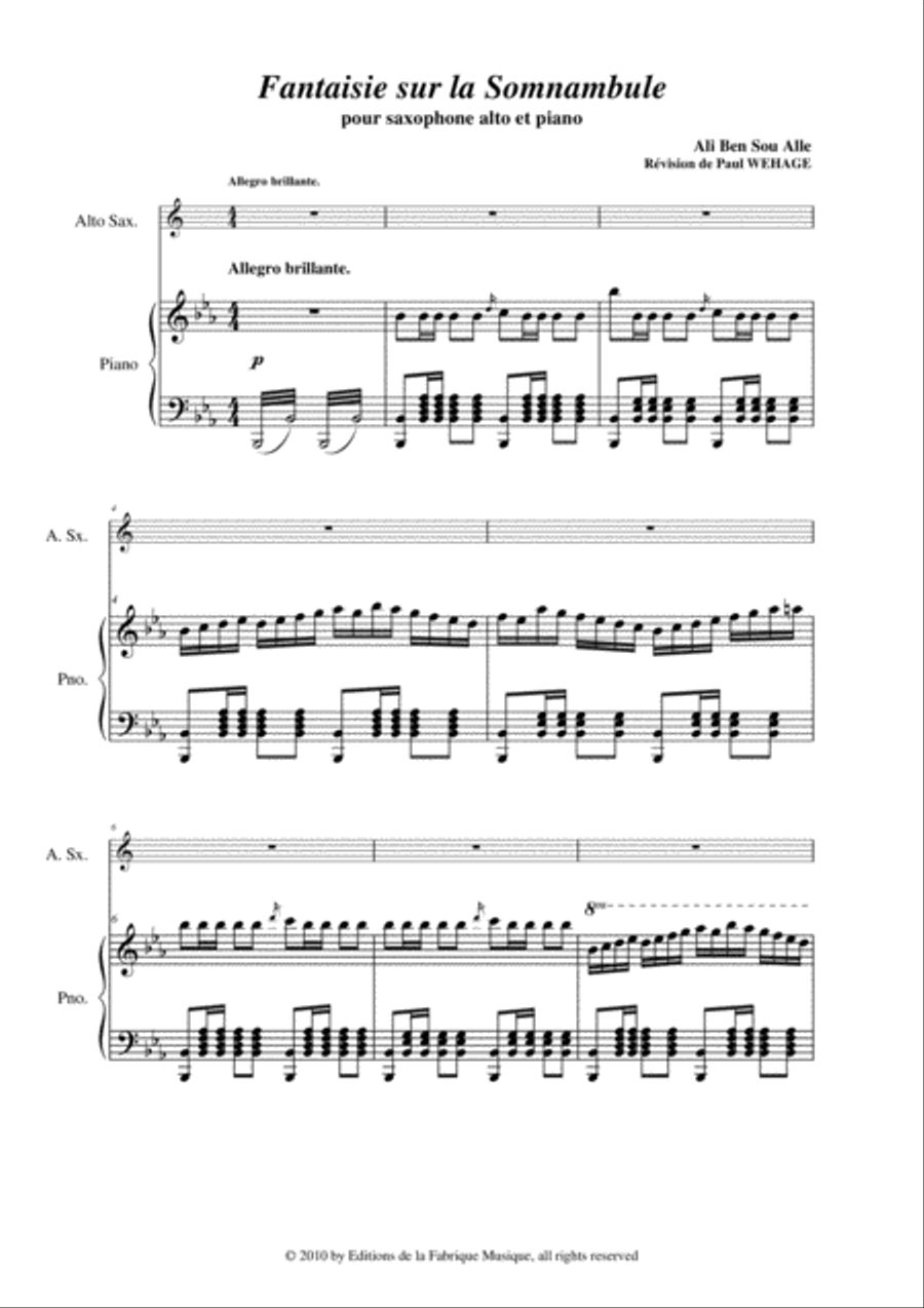 Ali Ben Sou Alle: Fantaisie sur la Somnambule de Bellini for alto saxophone and piano Alto Saxophone scores gallery preview page 3