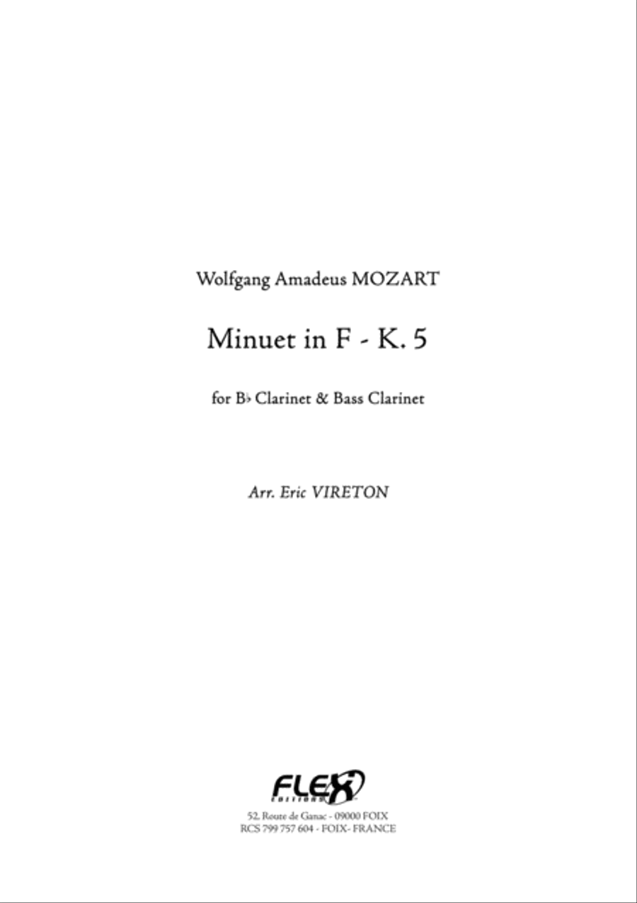 Minuet in F - K. 5 Minuet in F - K. 5 Clarinet Duet scores gallery preview page 1