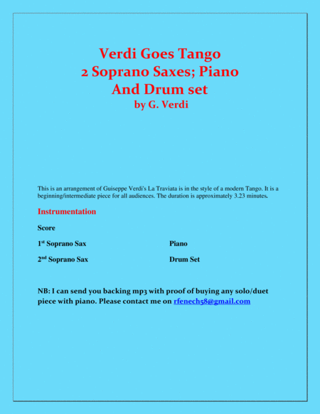 Verdi Goes Tango - G.Verdi - 2 Soprano Saxes, Piano and Drum Set image number null