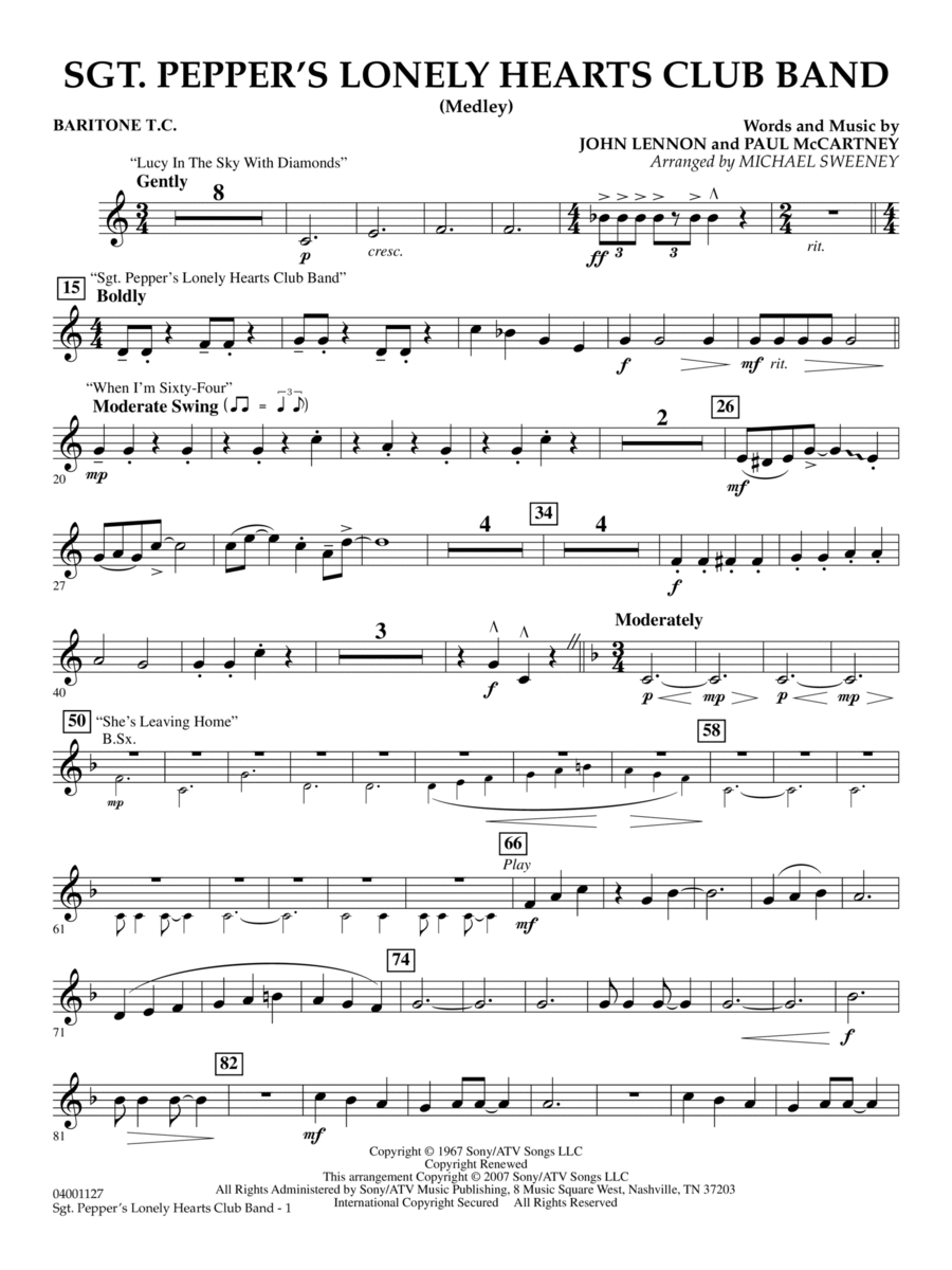 Sgt. Pepper's Lonely Hearts Club Band (Medley) (arr. Michael Sweeney) - Baritone T.C. Concert Band scores gallery preview page 1
