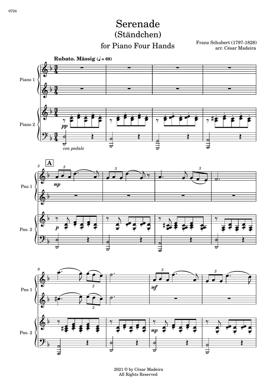 Serenade (D.975) by Schubert - Piano Four Hands (Full Score and Parts) 1 Piano, 4-Hands scores gallery preview page 2