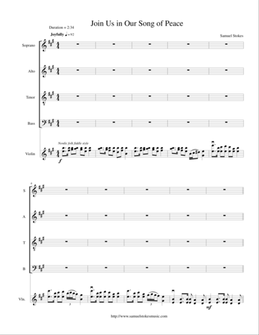 Join Us in Our Song of Peace - SATB with violin accompaniment 4-Part scores gallery preview page 1