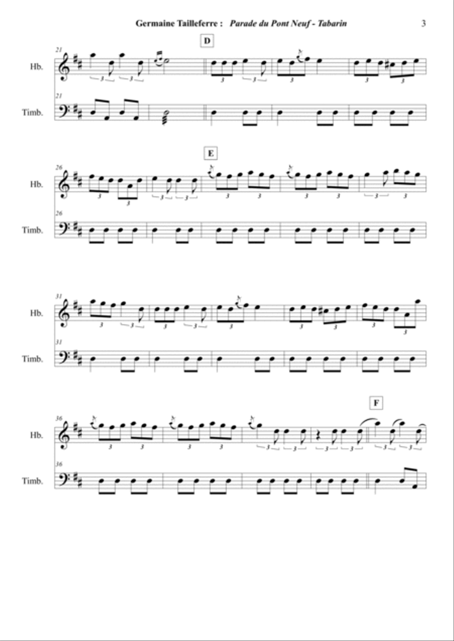Germaine Tailleferre : Parade sur le Pont-Neuf : Tabarin for oboe and timpani Oboe scores gallery preview page 3