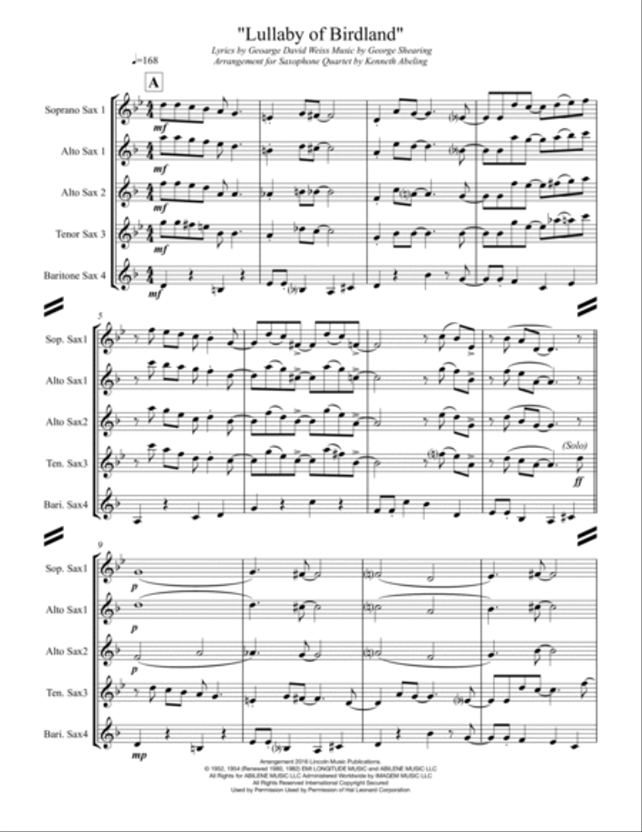 Lullaby Of Birdland Saxophone Quartet scores gallery preview page 2