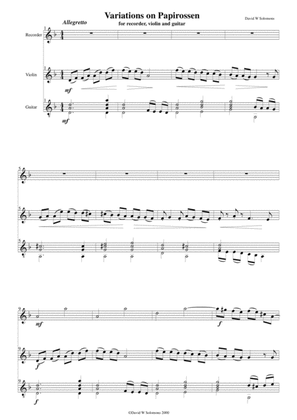 Book cover for Variations on Papirossen (Trio for Alto Recorder, Violin & Guitar)
