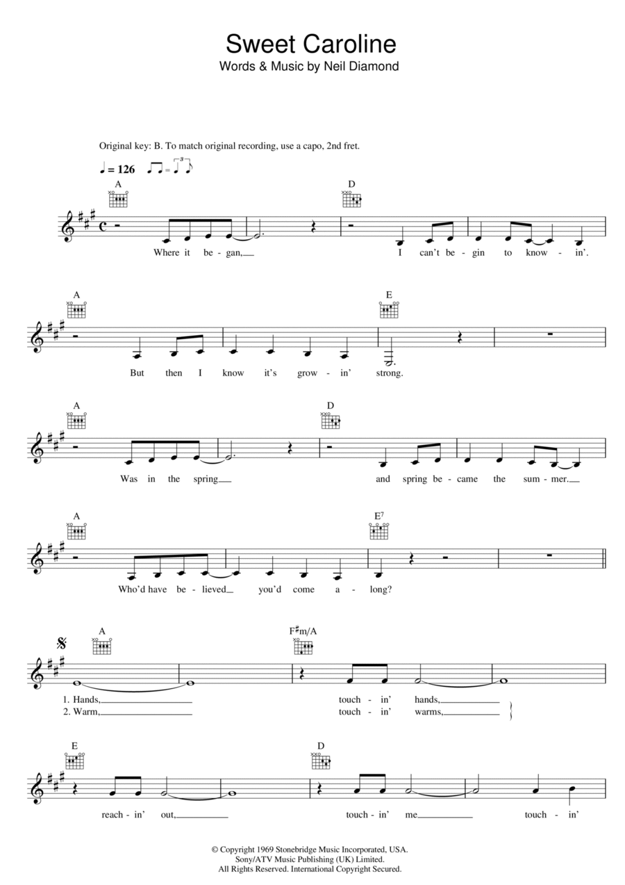 Sweet Caroline Piano scores gallery preview page 1