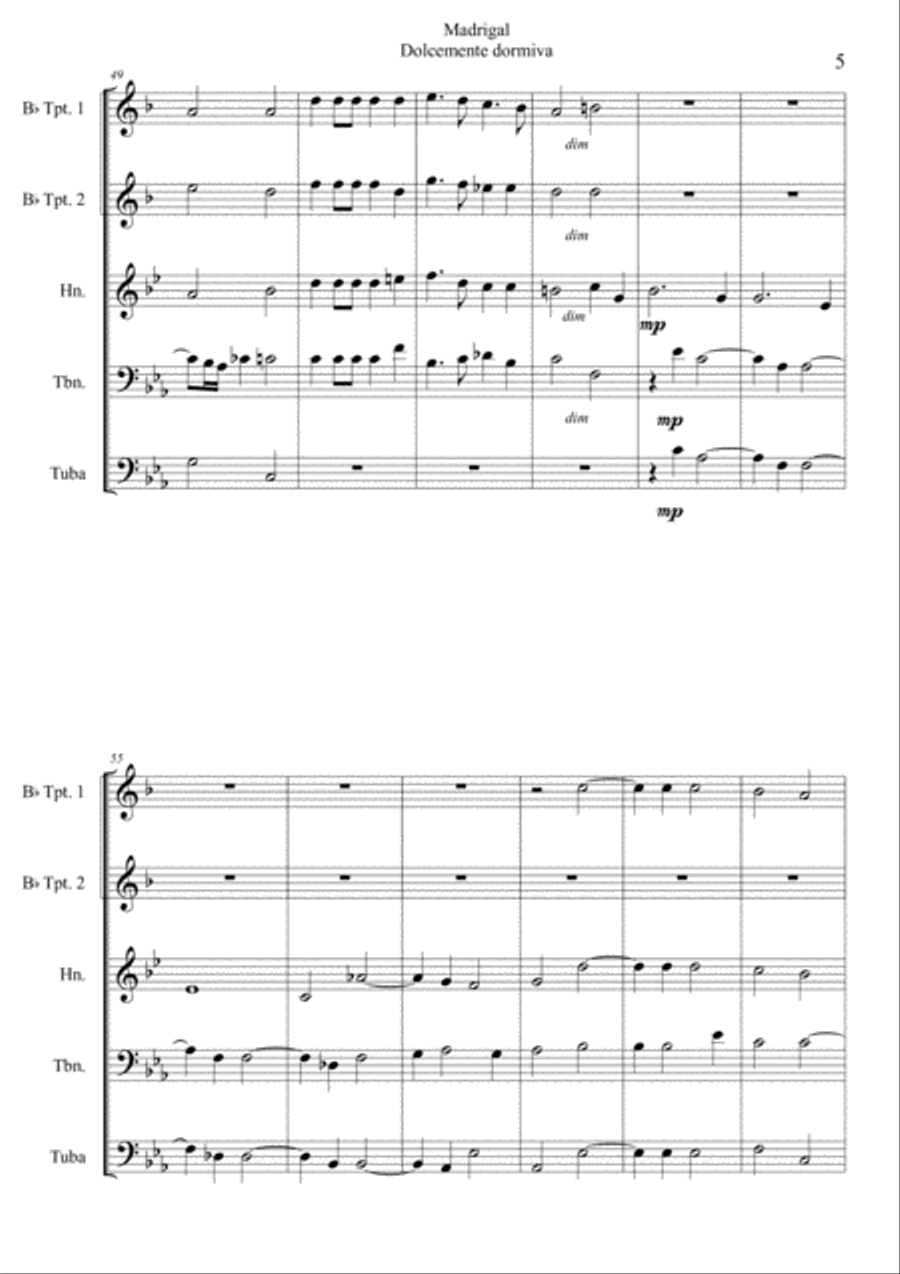Madrigal 'Dolcemente dormiva' for Brass quintet Choir scores gallery preview page 5