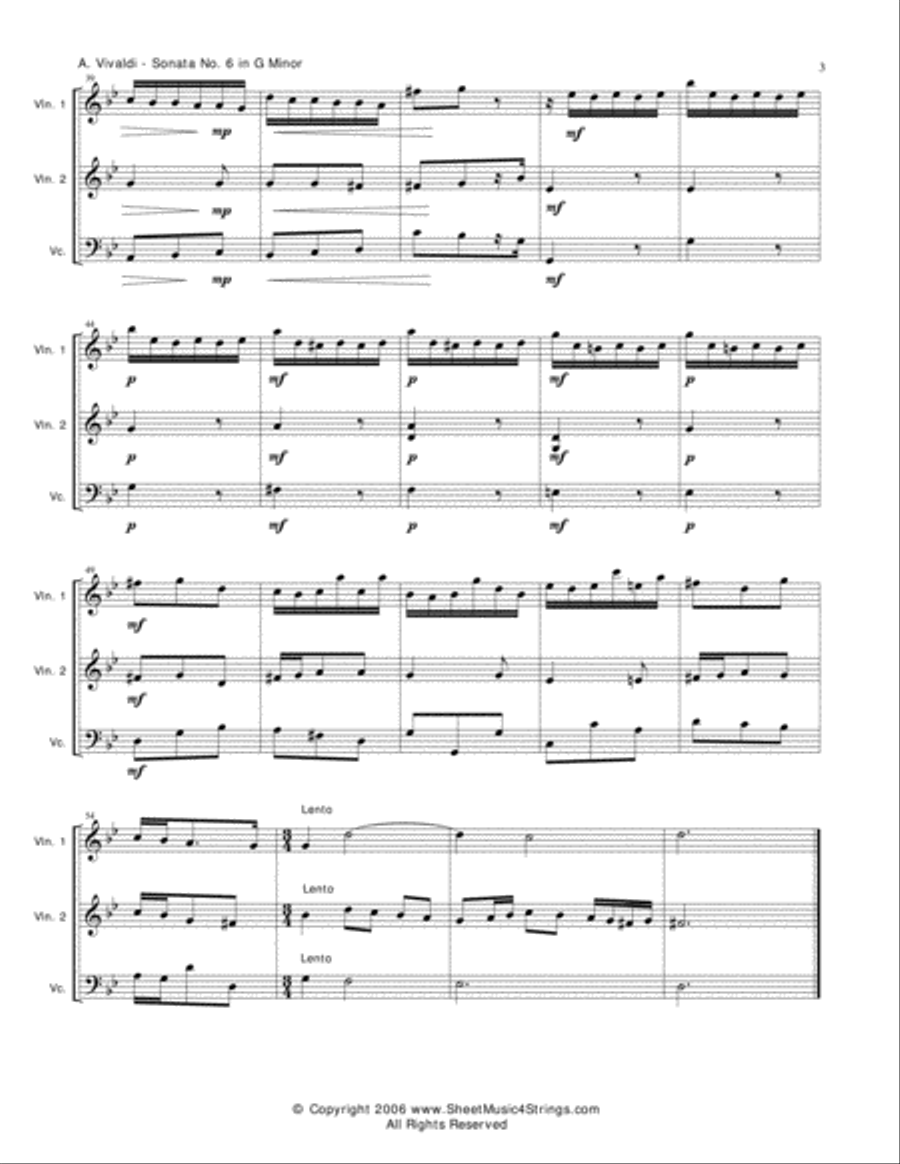 Vivaldi, A. - Sonata No. 6 Mvt. 1 for Two Violins and Cello String Trio scores gallery preview page 3