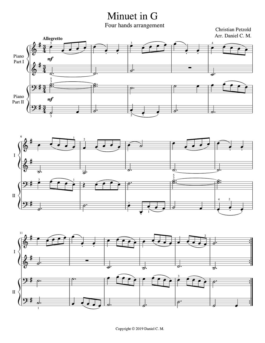 Minuet in G (for piano duet) 1 Piano, 4-Hands scores gallery preview page 1