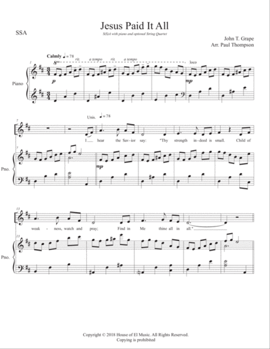 Jesus Paid it All - SSA / 2pt SSA scores gallery preview page 1