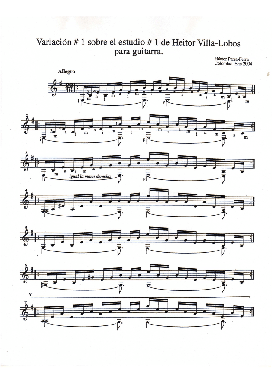 Variación Nº 1 sobre el estudio Nº 1 de Heitor Villa-Lobos para guitarra Classical Guitar scores gallery preview page 3