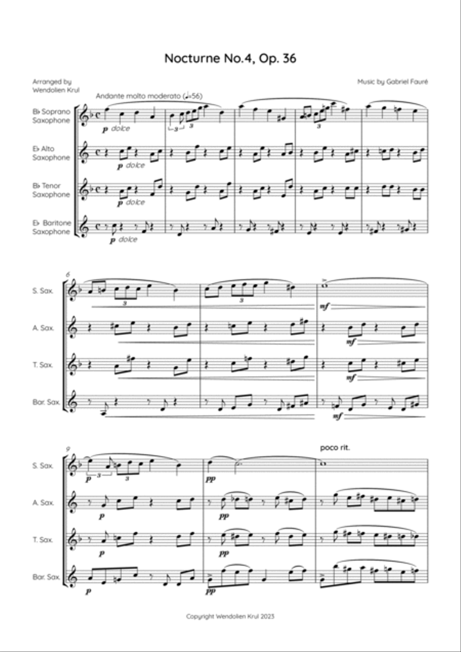 Nocturne No. 4 in E♭ major, Op. 36 Saxophone Quartet scores gallery preview page 3