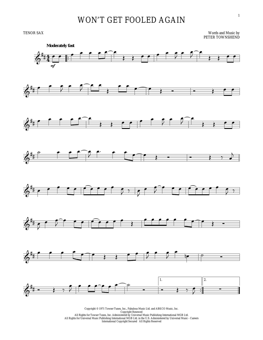 Won't Get Fooled Again Tenor Saxophone scores gallery preview page 1