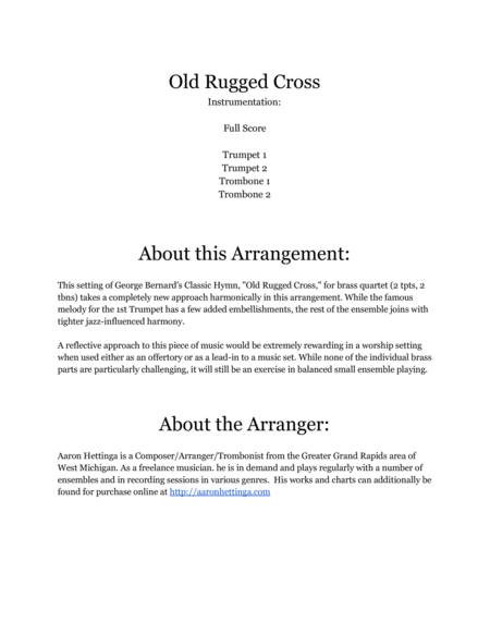 Old Rugged Cross - For Brass Quartet with Jazz-inspired Harmony image number null