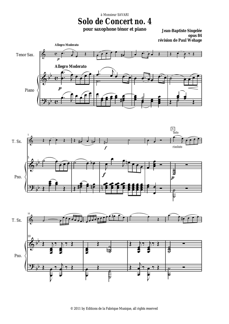Jean-Baptiste Singelée Solo de Concert no. 4, Opus 84 for tenor saxophone and piano