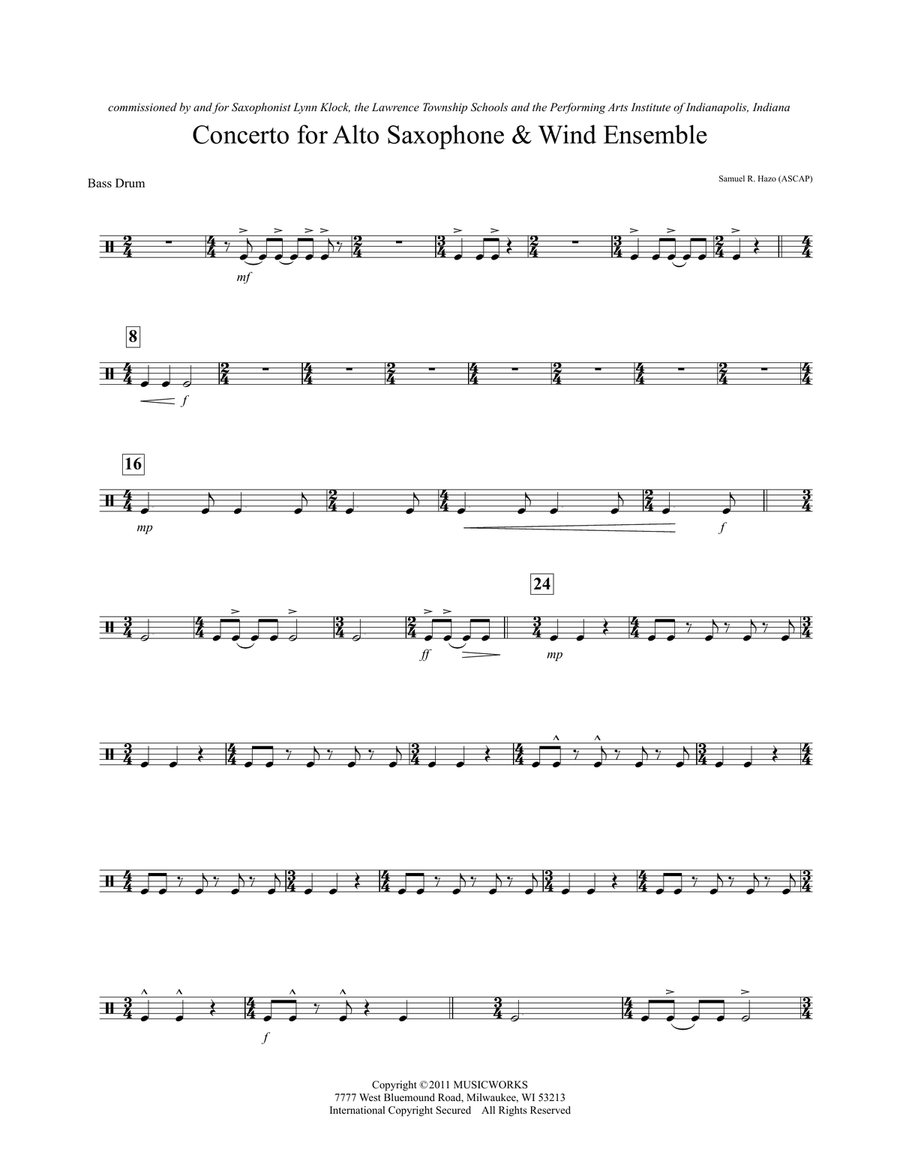 Concerto For Alto Saxophone And Wind Ensemble - Bass Drum Concert Band scores gallery preview page 1