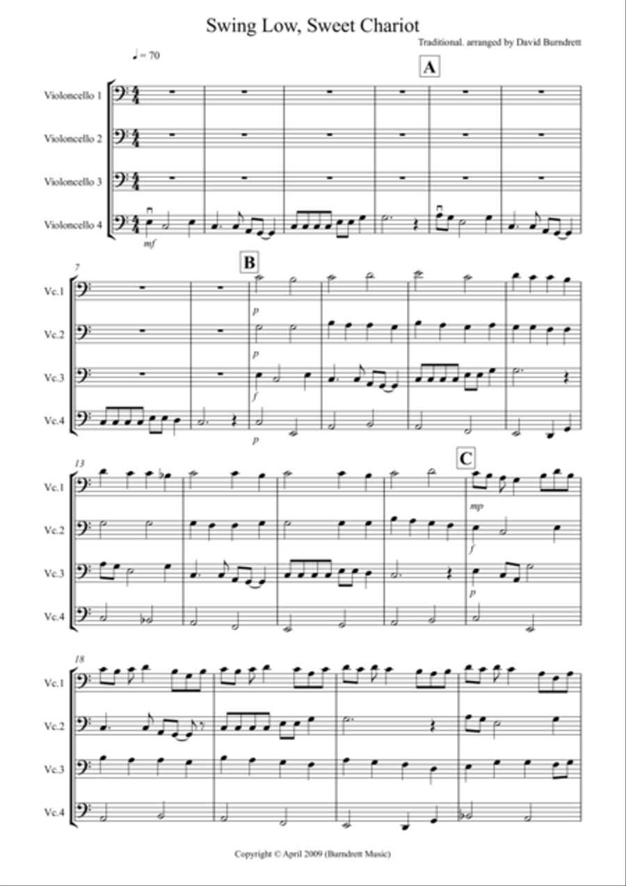 Swing Low, Sweet Chariot for Cello Quartet Cello Solo scores gallery preview page 1