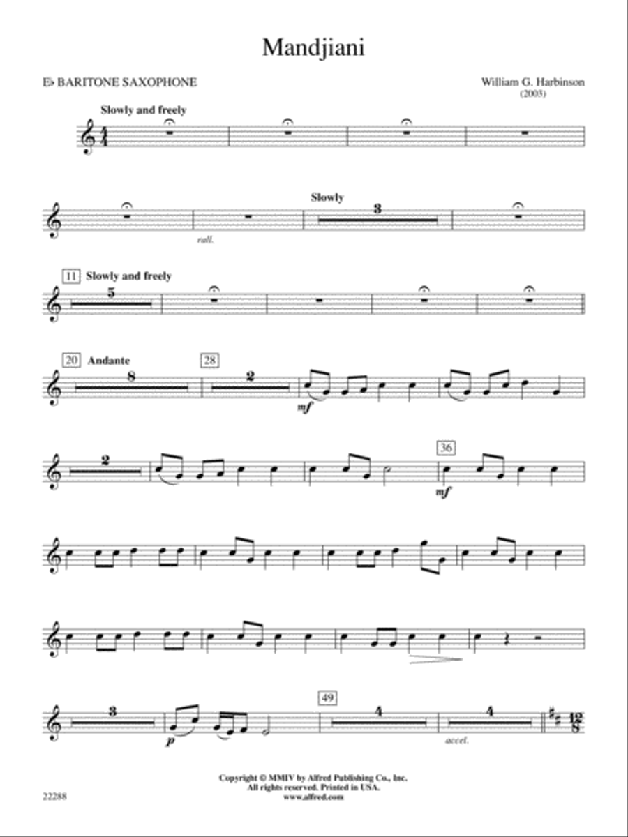 Mandjiani: E-flat Baritone Saxophone Concert Band scores gallery preview page 1